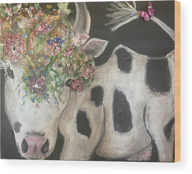 Cow Wood Print featuring the painting Moona Lisa by Kathy Bee