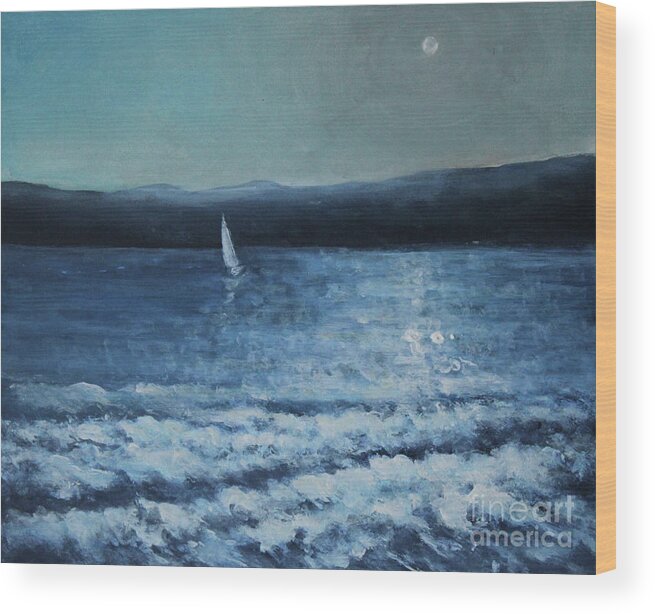 Seascape Wood Print featuring the painting Moonlight Sailor by Jane See