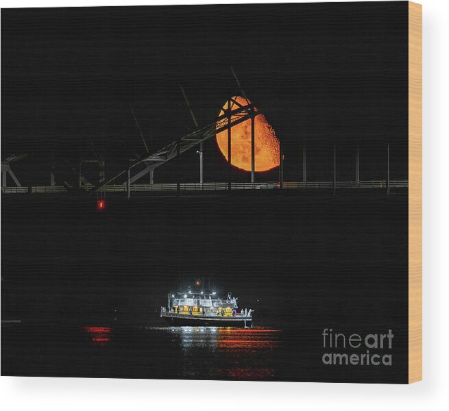 Bridge Wood Print featuring the photograph Moonrise Over Fire Island Inlet by Sean Mills