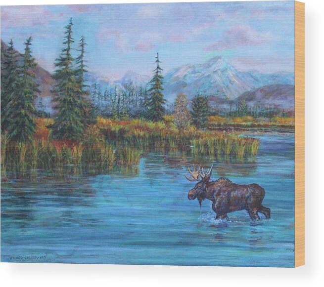 Wild Animal Wood Print featuring the painting Moose Lake by Veronica Cassell vaz