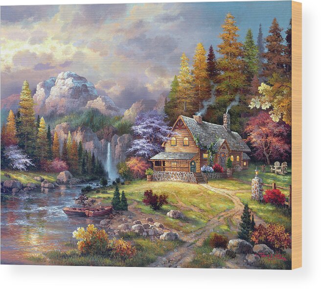 Cabin Wood Print featuring the painting Mountain Hideaway by James Lee