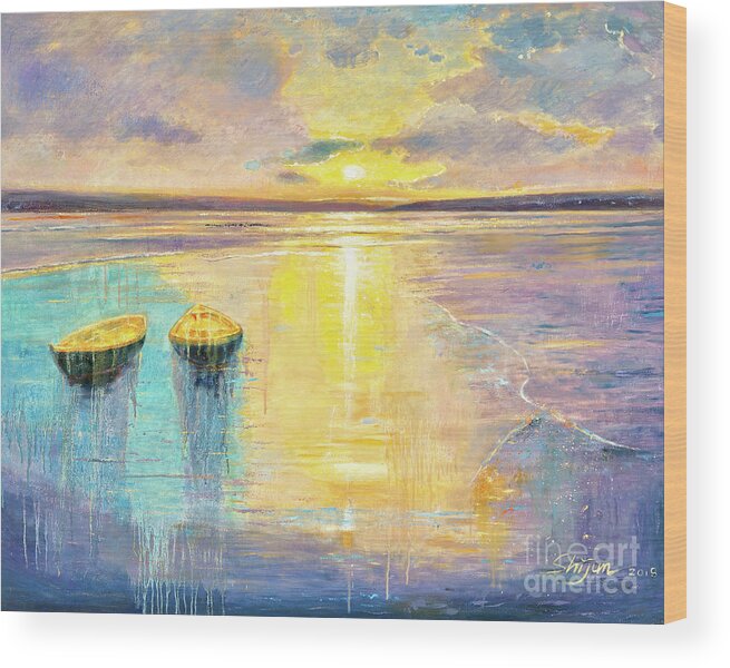 Landscape Wood Print featuring the painting Ocean Sunset by Shijun Munns