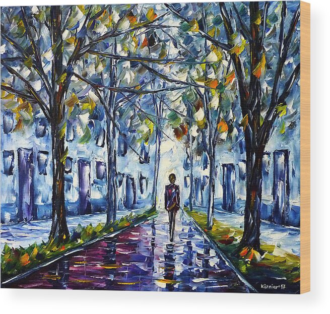 Lonely Man Walking Wood Print featuring the painting October In The City by Mirek Kuzniar