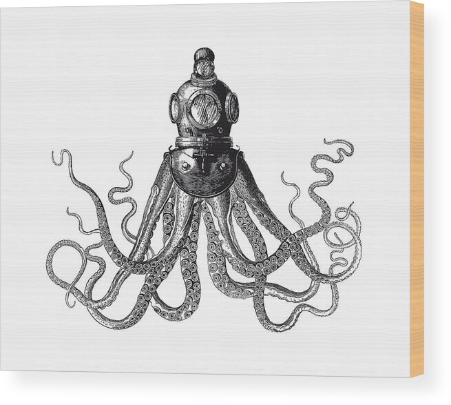 Octopus Wood Print featuring the digital art Octopus in Diving Helmet by Eclectic at Heart