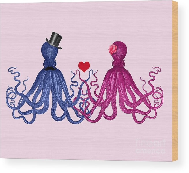 Octopus Wood Print featuring the mixed media Octopus newly weds by Madame Memento