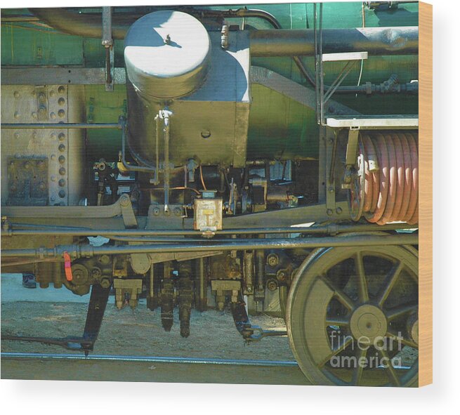 Train Wood Print featuring the digital art RAILROAD MACHINERY - Old Shay Steam Locomotive Piston and Wheel by John and Sheri Cockrell