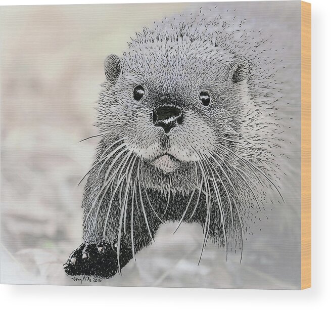 Otter Wood Print featuring the mixed media Otter approaching, mixed media. by Tony Mills