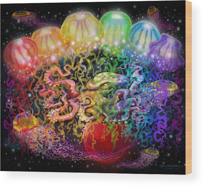 Space Wood Print featuring the digital art Outer Space Rainbow Alien Tentacles by Kevin Middleton