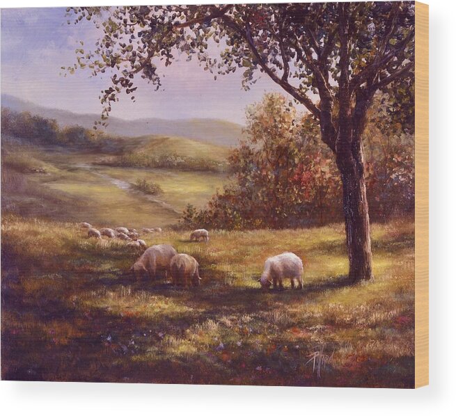 Country Landscape Wood Print featuring the painting Peaceful Pasture by Lynne Pittard