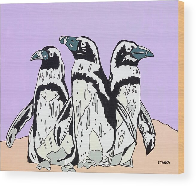 Penguins Birds Wood Print featuring the painting Penguins by Mike Stanko