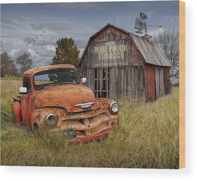 Chevy Wood Print featuring the photograph Pickup Truck and Mail Pouch Tobacco Barn by Randall Nyhof