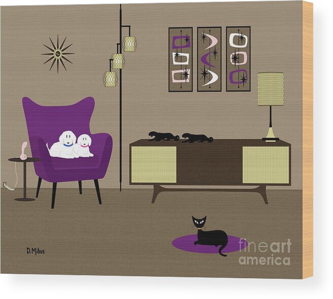 Mid Century Modern Wood Print featuring the digital art Pink and Purple Mid Century Room with White Dogs Black Cat by Donna Mibus