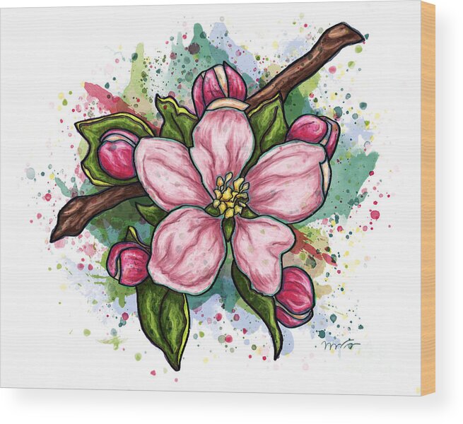 Flower Wood Print featuring the painting Pink flower on white background, cherry blossom by Nadia CHEVREL