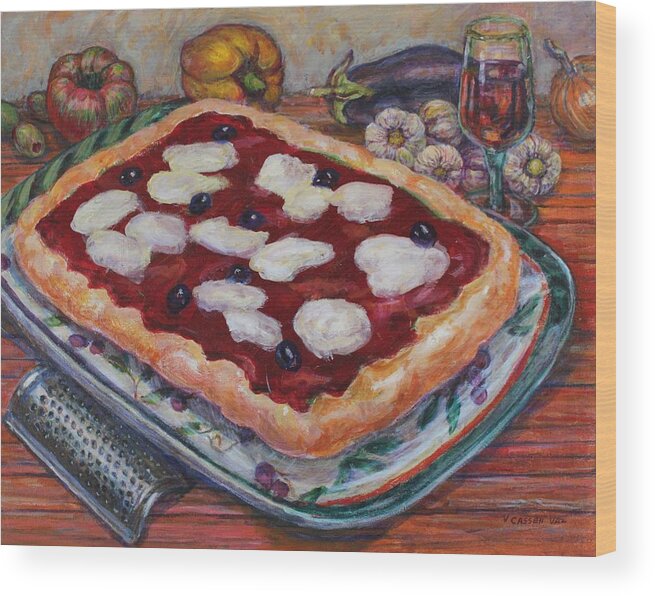 Food. Italian Food Pizza. Table Top Setting Wood Print featuring the painting Pizza, Italian Style by Veronica Cassell vaz