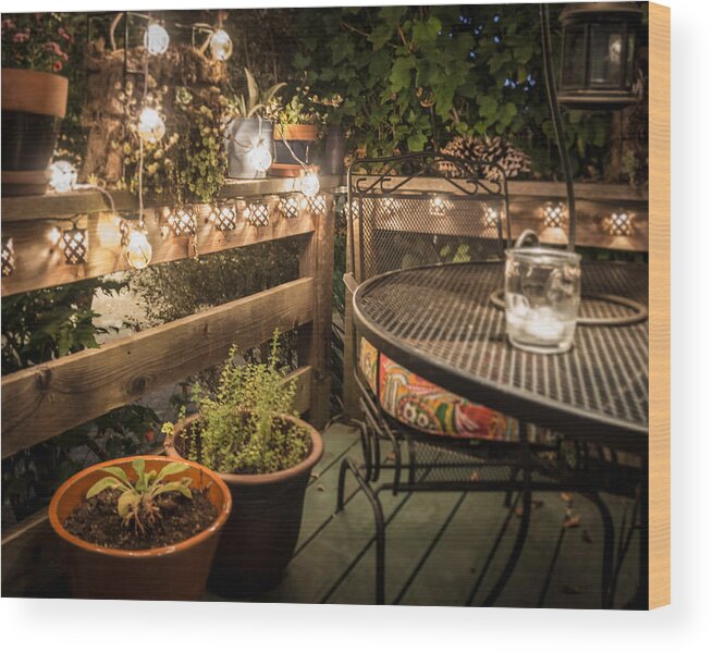 Outdoors Wood Print featuring the photograph Potted Plants By Table And Chair In Illuminated Back Yard by Jesse Coleman / EyeEm