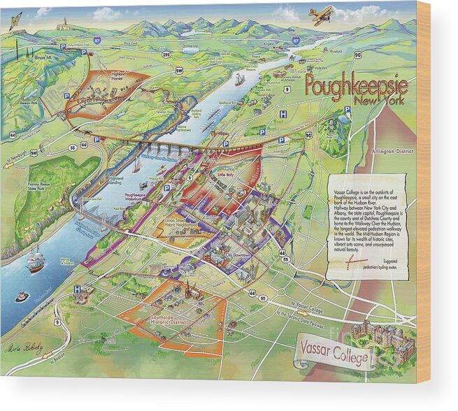 Vassar College Wood Print featuring the digital art Poughkeepsie and Vassar College Illustrated Map by Maria Rabinky