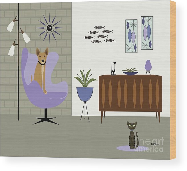 Mid Century Dog Wood Print featuring the digital art Purple Egg Chair with Dog and Cat by Donna Mibus