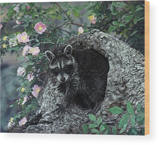 Raccoon Wood Print featuring the painting Raccoon Heaven by Linda Becker