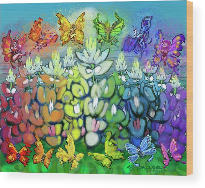 Rainbow Wood Print featuring the digital art Rainbow Bluebonnets Scene w Pixies by Kevin Middleton