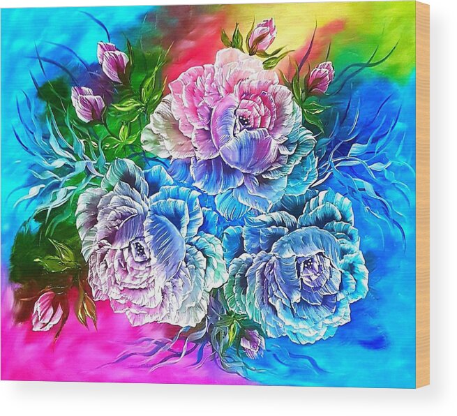 Flowers Wood Print featuring the painting Rainbow elegance blue glow by Angela Whitehouse