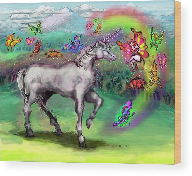 Rainbow Wood Print featuring the painting Rainbow Faeries and Unicorn by Kevin Middleton
