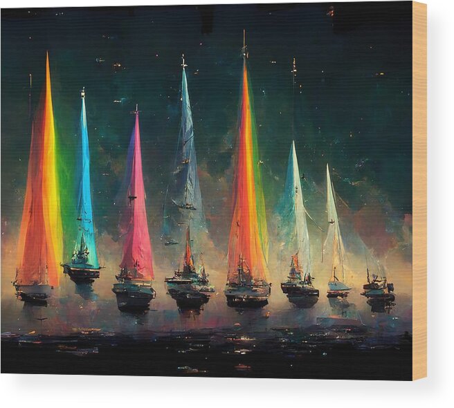 Sailing Wood Print featuring the digital art Rainbow Fleet by Nickleen Mosher
