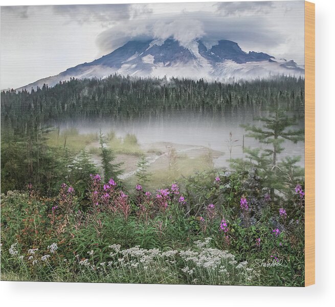 Mountain Wood Print featuring the photograph Rainy Day at Mt. Rainier by Shara Abel