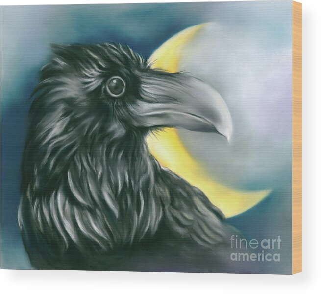 Bird Wood Print featuring the painting Raven and Crescent Moon by MM Anderson