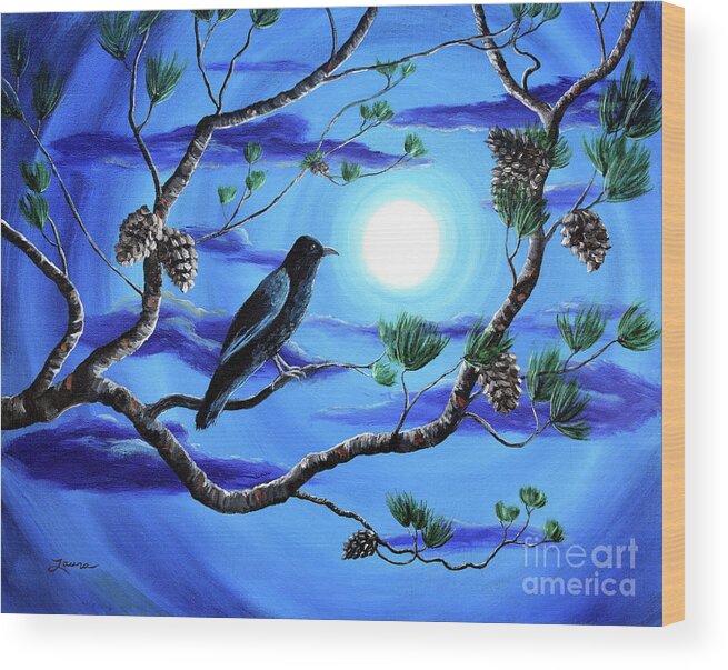 Moon Wood Print featuring the painting Raven in Pine Tree Branches by Laura Iverson