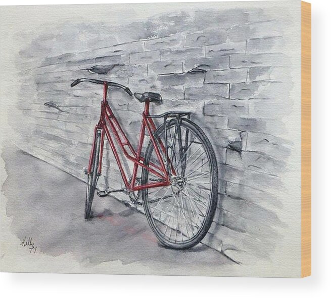 Bicycle Wood Print featuring the painting Red Bicycle by Kelly Mills