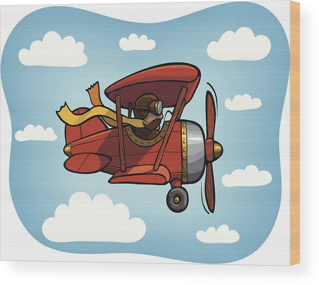 Mid-air Wood Print featuring the drawing Red Biplane on Blue Sky with Clouds by Crandym