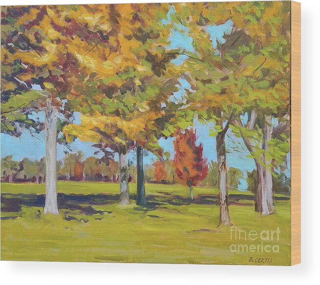 Impressionistic Colorful Fall Foliage Landscape Of Red Wing Memorial Park In Red Wing Mn. Wood Print featuring the painting Red Wing Memorial Park by Barbara Oertli