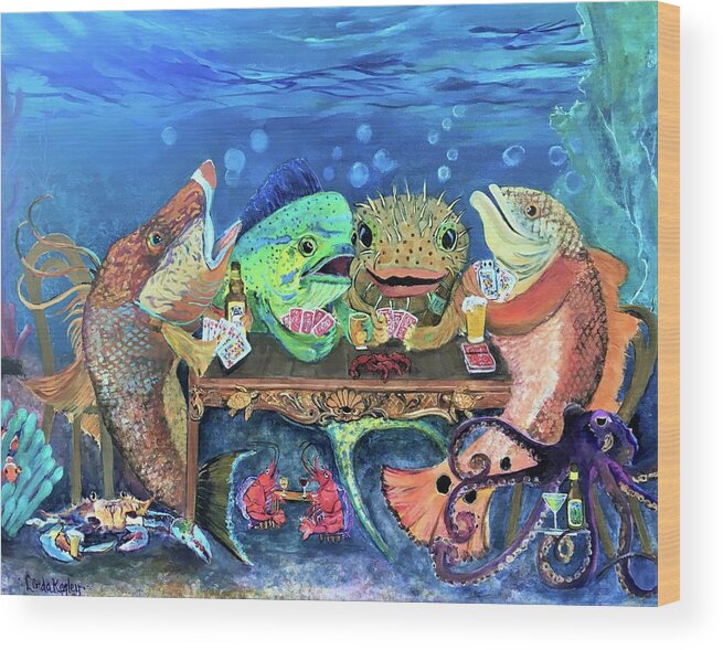 Redfish Wood Print featuring the painting Redfish Poker Time at the Reef Bar by Linda Kegley