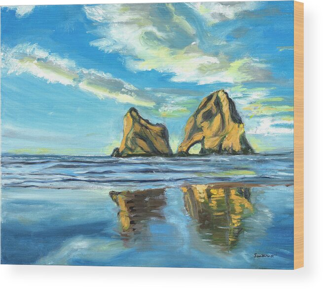 Beach Seascape Water Sky Arches Reflections Wood Print featuring the painting Reflections by Santana Star