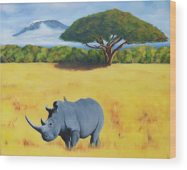 Kilimanjaro Wood Print featuring the painting Rhino and Kilimanjaro by Tracy Hutchinson