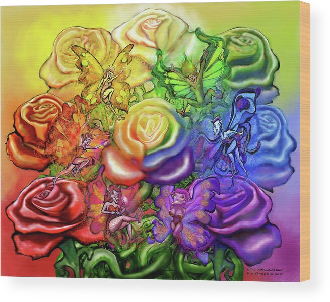Rainbow Wood Print featuring the digital art Roses Rainbow Pixies by Kevin Middleton