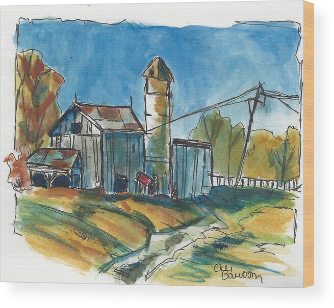 Barn Wood Print featuring the painting Rustic Barn Watercolor and Ink Painting of a Barn with Silo during Autumn by Ali Baucom