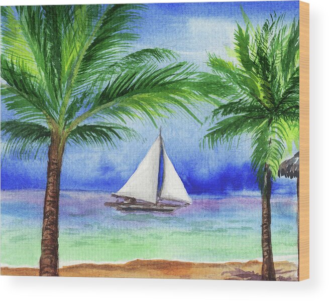 Sail Boat Wood Print featuring the painting Sailboat Beach Ocean Tropical Paradise Watercolor Landscape by Irina Sztukowski