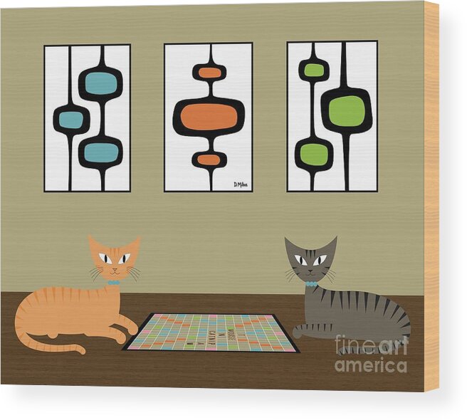 Mid Century Cat Wood Print featuring the digital art Scrabble Cats with Mid Century Shapes by Donna Mibus