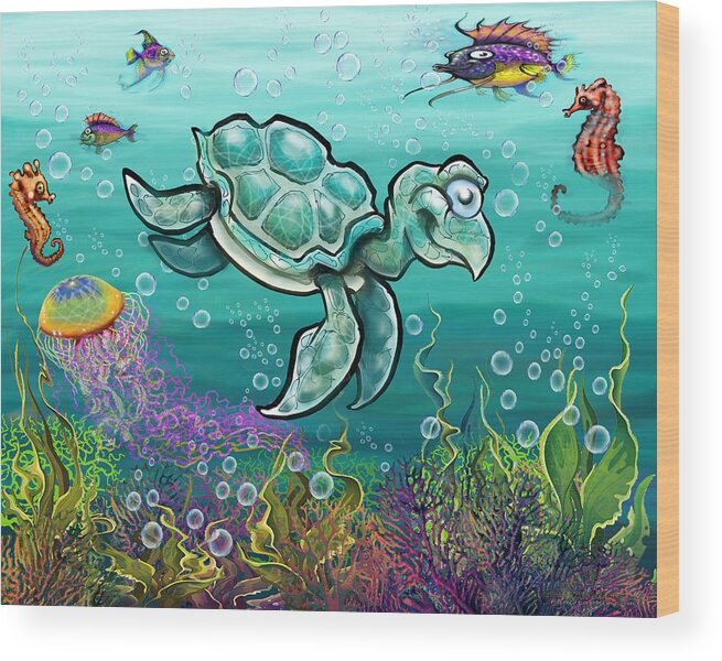 Sea Turtle Wood Print featuring the digital art Sea Turtle and Friends by Kevin Middleton