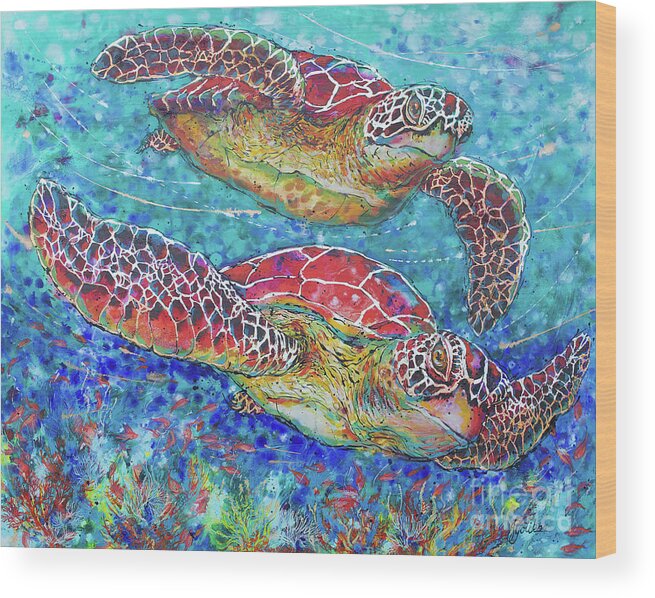  Wood Print featuring the painting Sea Turtles on Coral Reef II by Jyotika Shroff