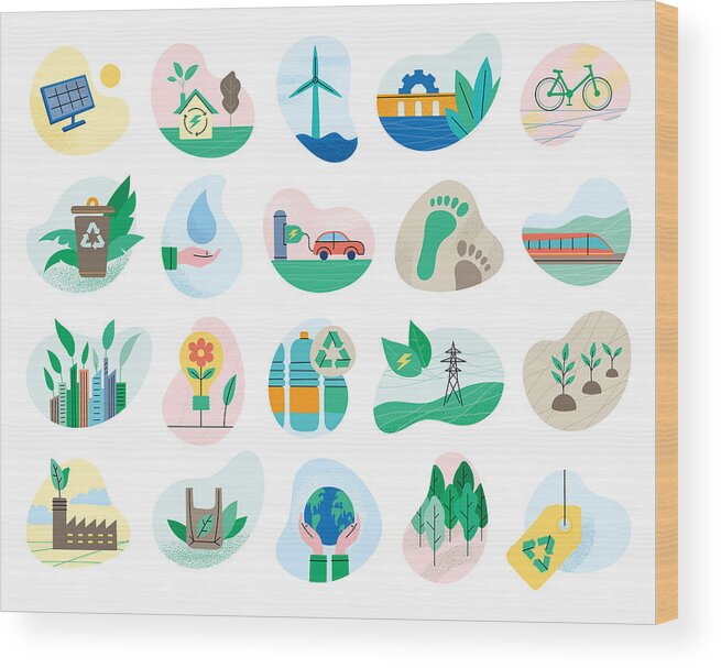 Reusable Bag Wood Print featuring the drawing Set of ecology symbols by Miakievy