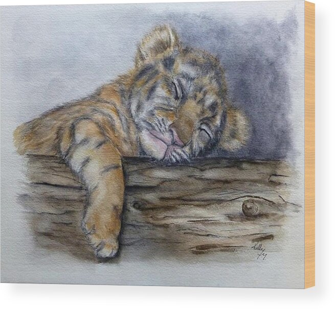 Tiger Cub Wood Print featuring the painting Shhh Tiger Cub is Sleeping by Kelly Mills