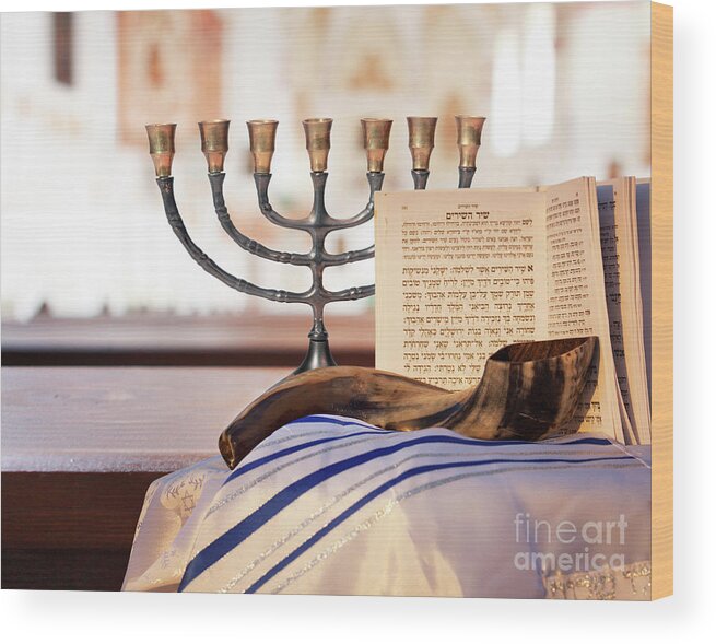 Shofar Wood Print featuring the photograph Shofar, Menorah and Jewish prayer book by Stella Levi