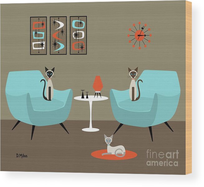 Siamese Cat Wood Print featuring the digital art Siamese Cats in Orange and Blue by Donna Mibus