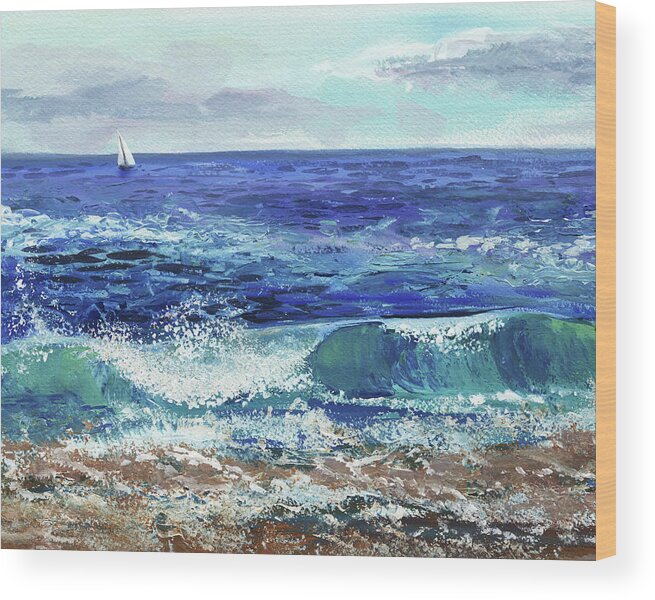 Wave Wood Print featuring the painting Single Boat At The Ocean Shore Seascape by Irina Sztukowski