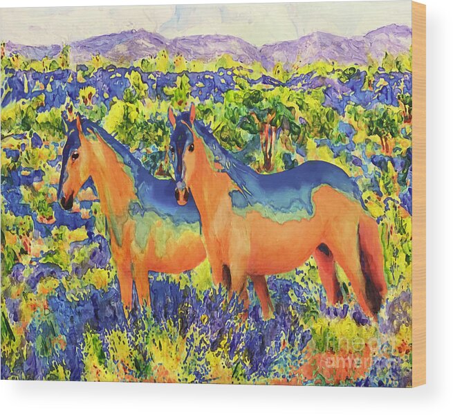 Sky Ponies Wood Print featuring the painting Sky Ponies, Indian Painted by Bonnie Marie