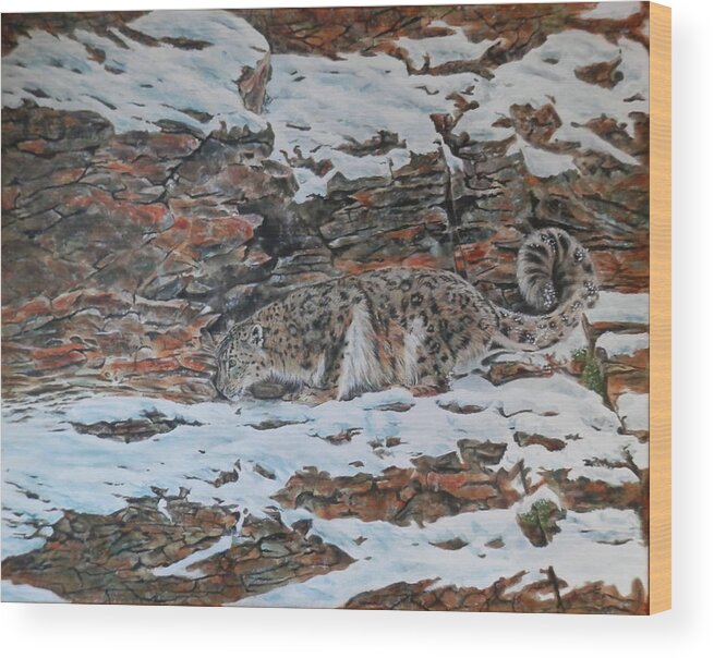 Leopard Wood Print featuring the painting Snow Leopard by John Neeve
