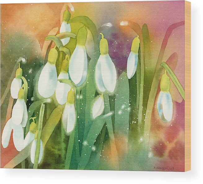 Snowdrops Wood Print featuring the painting Snowdrops - Magical Lanterns by Espero Art