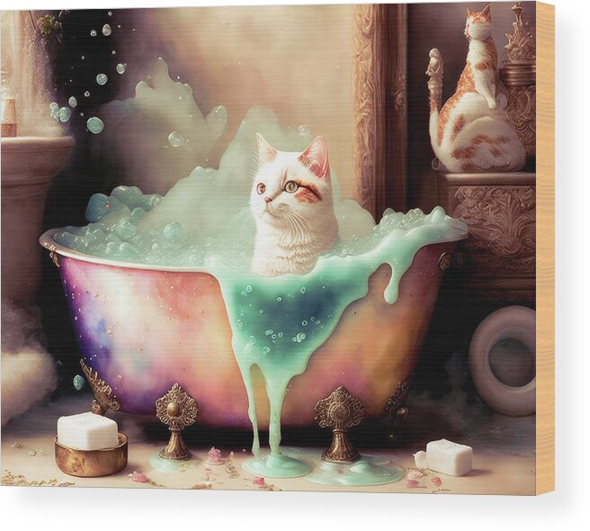 Cat Wood Print featuring the painting Soap Suds by Bob Orsillo